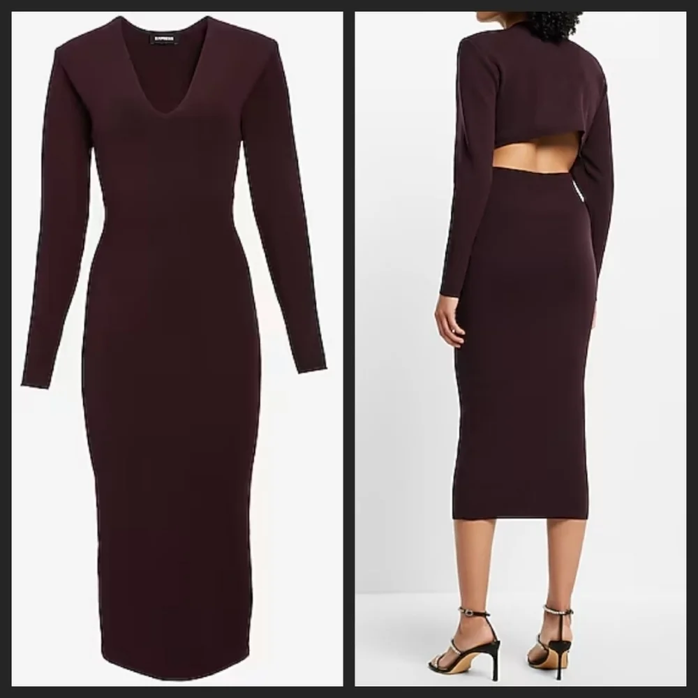NEW! EXPRESS Knit V-neck Shoulder Pad Cut Out Back Midi Dress XL.